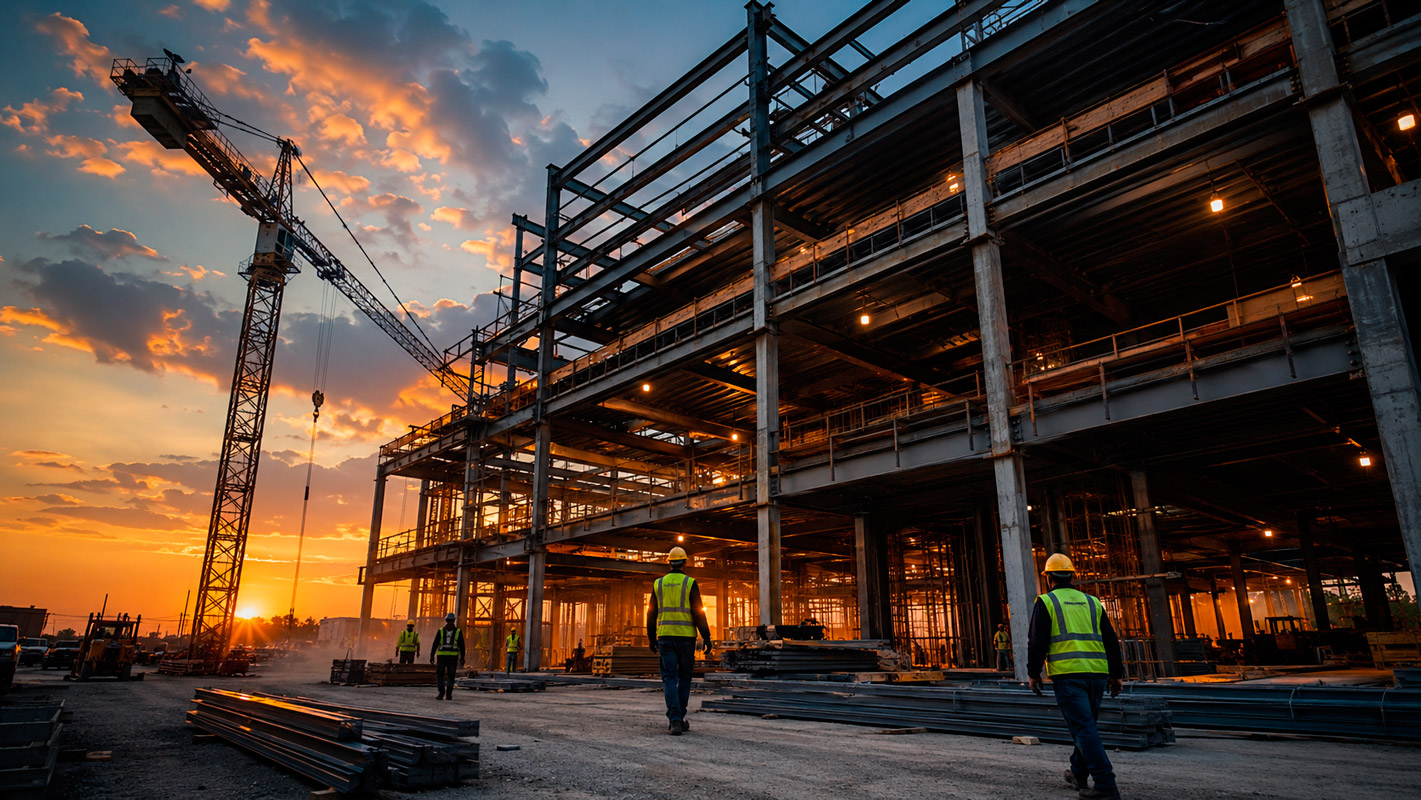Fotografía profesional de gran formato de una obra de construcción comercial en proceso al atardecer, con una estructura de acero y concreto de varios niveles parcialmente terminada, vigas de acero expuestas formando la retícula del edificio, una grúa torre en el fondo recortada contra un cielo naranja y azul oscuro de hora dorada, luces de trabajo encendidas en los niveles inferiores creando contraste cálido, trabajadores de la construcción con casco y chaleco de seguridad amarillo visibles a pequeña escala caminando sobre la losa, polvo suspendido en el aire iluminado por la luz lateral, ángulo de cámara bajo mirando hacia arriba para transmitir escala y monumentalidad, paleta de colores grafito, acero y acentos amarillo industrial/ámbar, estilo fotografía corporativa de arquitectura e ingeniería, alta definición, composición cinematográfica, sin texto ni logotipos visibles.