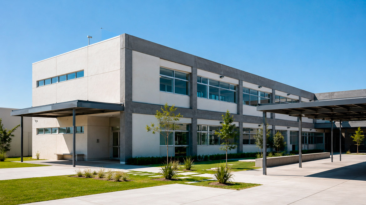Fotografía exterior de un edificio institucional tipo escuela o clínica de dos niveles, fachada de concreto aparente y aplanado color blanco hueso con franjas estructurales en gris grafito, ventanería amplia de aluminio, accesos techados con estructura metálica, áreas verdes y banquetas de concreto pulido en primer plano, cielo despejado, luz de día neutra, estilo fotografía institucional arquitectónica, sin personas, sin texto ni logotipos.