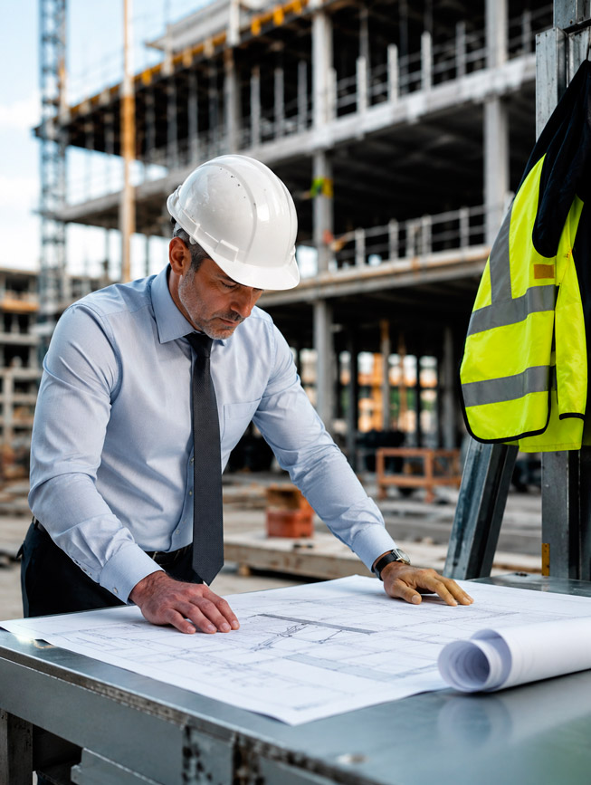 Fotografía de un ingeniero o arquitecto de mediana edad, vestido con camisa formal y casco de seguridad blanco, revisando planos arquitectónicos extendidos sobre una mesa de obra metálica, al fondo desenfocado una estructura en construcción, iluminación natural suave de exterior, tonos grafito y acero con un toque de amarillo en el chaleco de seguridad colgado cerca, composición horizontal, estilo fotografía corporativa profesional, sensación de precisión técnica y control de calidad, sin texto ni logotipos.