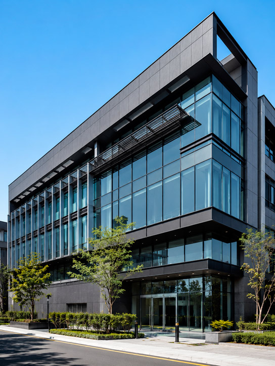 Fotografía arquitectónica de fachada de un edificio comercial corporativo de varios pisos recién terminado, fachada de cristal templado y paneles metálicos en tono grafito oscuro con detalles estructurales en acero, entrada principal amplia con cancelería de aluminio, cielo despejado azul claro de fondo, vegetación urbana baja en primer plano, iluminación de día clara y nítida, ángulo de tres cuartos desde la calle, estilo fotografía inmobiliaria y arquitectónica de alta gama, sin personas, sin texto ni logotipos visibles.