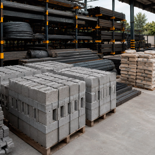 Fotografía de un patio de materiales de construcción ordenado, con tarimas de bloques de concreto grises apilados en primer plano, rollos de varilla y vigas de acero estructural apiladas horizontalmente en bastidores metálicos al fondo, costales de cemento apilados a un costado, piso de concreto pulido, iluminación natural de exterior tipo nave industrial semicubierta, paleta de colores grafito, acero y amarillo industrial en señalización de seguridad visible en el fondo, composición ordenada que transmite logística y control de inventario, sin personas, sin texto ni logotipos.