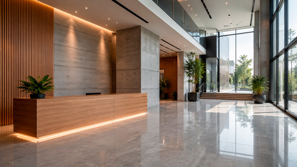 Fotografía interior de un lobby corporativo recién construido, piso de porcelanato pulido en tono gris claro, muros de concreto aparente combinados con paneles de madera clara, recepción minimalista, iluminación led empotrada cálida, ventanales altos dejando entrar luz natural, plantas decorativas, estilo fotografía de arquitectura de interiores corporativa, sin personas, sin texto ni logotipos.